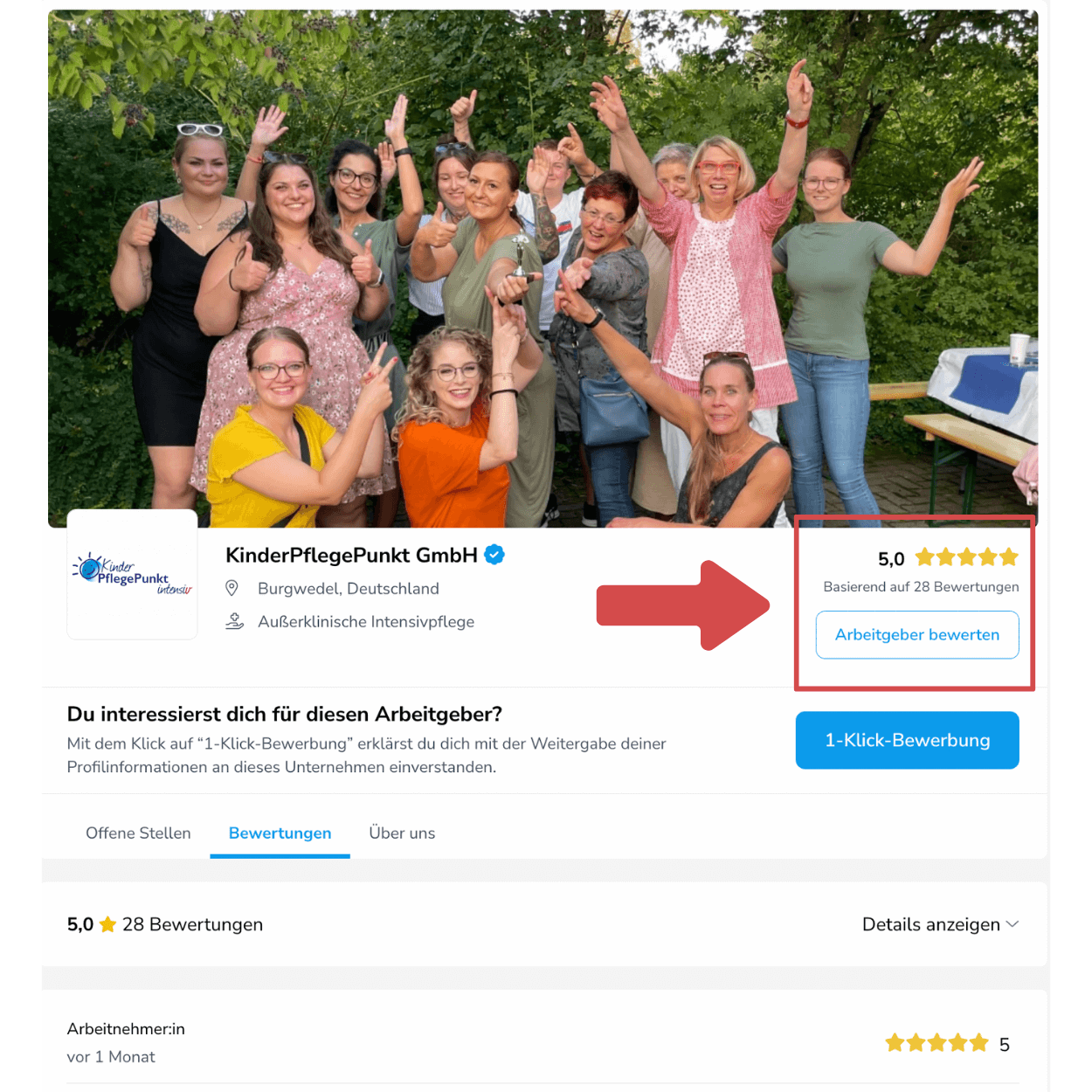 Beispiel Arbeitgeberbewertung auf Care Rockets