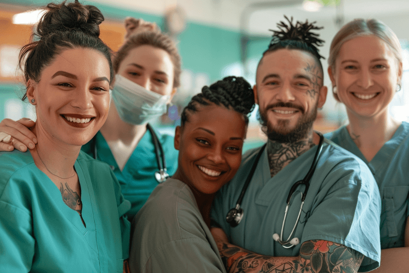 Vielfältige Gruppe von Pflegekräften in Kasacks, einige mit Tattoos, lächelnd und gemeinsam posierend im Krankenhaus.