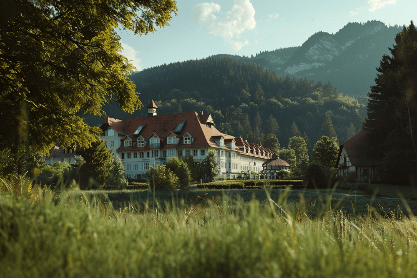 Krankenhaus auf dem Land, umgeben von grüner Landschaft und Bergen im Hintergrund, bei sonnigem Wetter