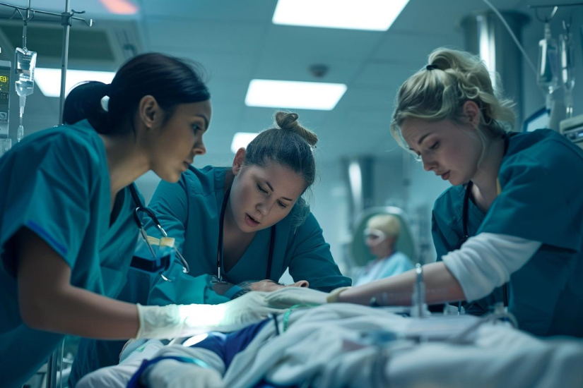 Drei Pflegekräfte im Nachtdienst in blauen Kasacks führen eine medizinische Behandlung an einem Patienten durch