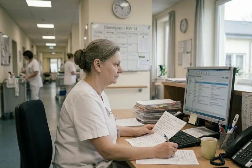 Pflegekraft erstellt Dienstplan am Computer im Stationszimmer