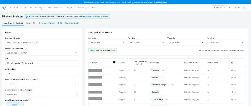 Ansicht des Filters für Direktnachrichten in der Care Rockets Plattform