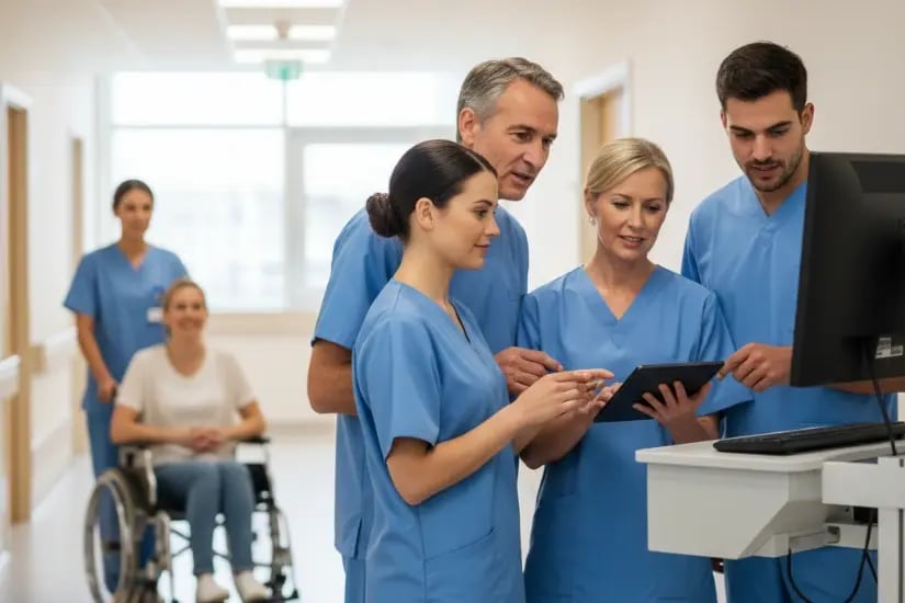 Altersgemischtes Pflegeteam arbeitet gemeinsam an einem Monitor