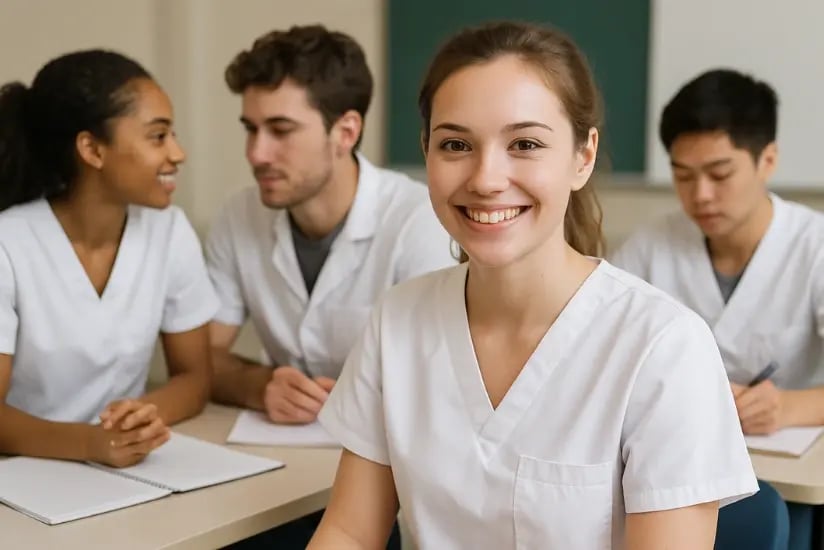Gruppe von Pflegeschülern in weißen Uniformen beim Lernen und Lächeln im Klassenraum