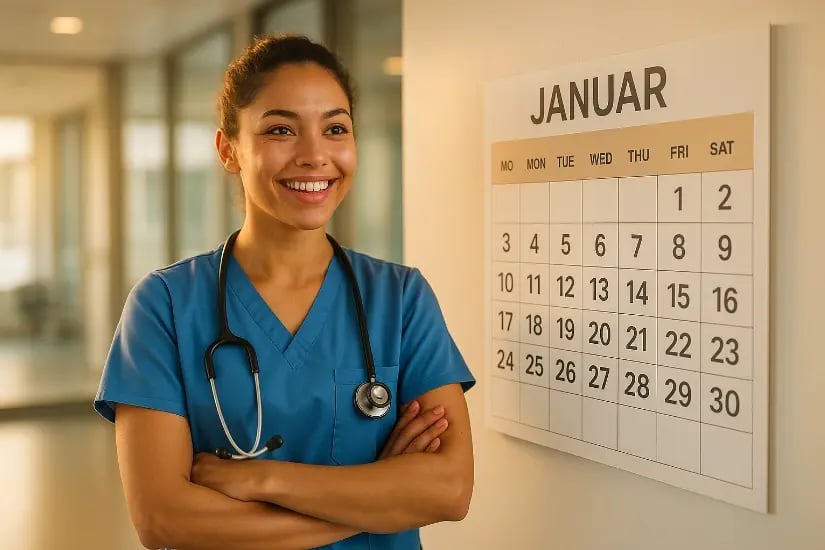Lächelnde Pflegekraft steht vor einem Wandkalender für den Januar