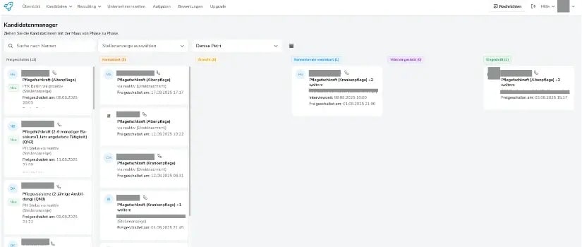 Anonymisierte Ansicht des Kandidatenmanagers auf Care Rockets