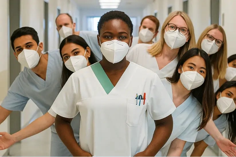 Internationales Pflegeteam mit Mundschutz in Krankenhausflur