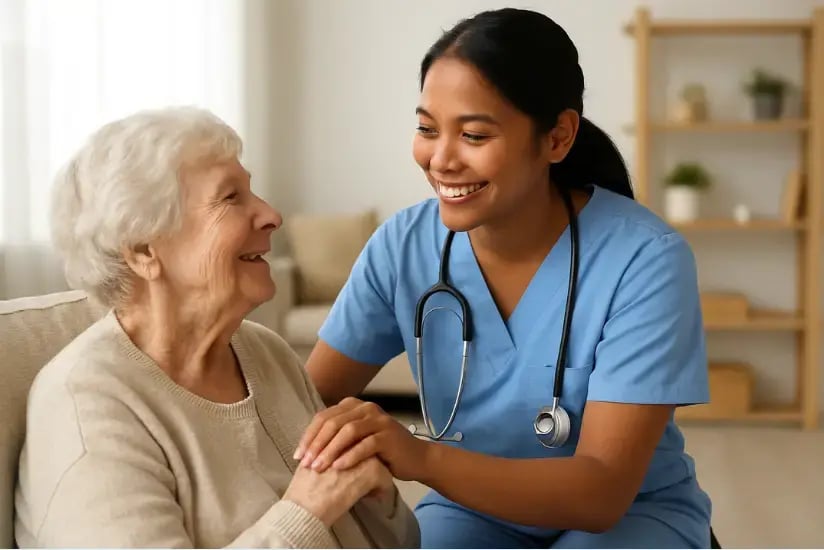 Pflegekraft betreut ältere Patientin einfühlsam zuhause