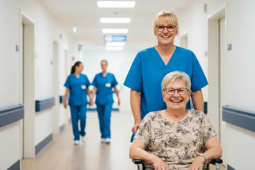 Erfahrene Pflegekraft schiebt Patientin im Rollstuhl