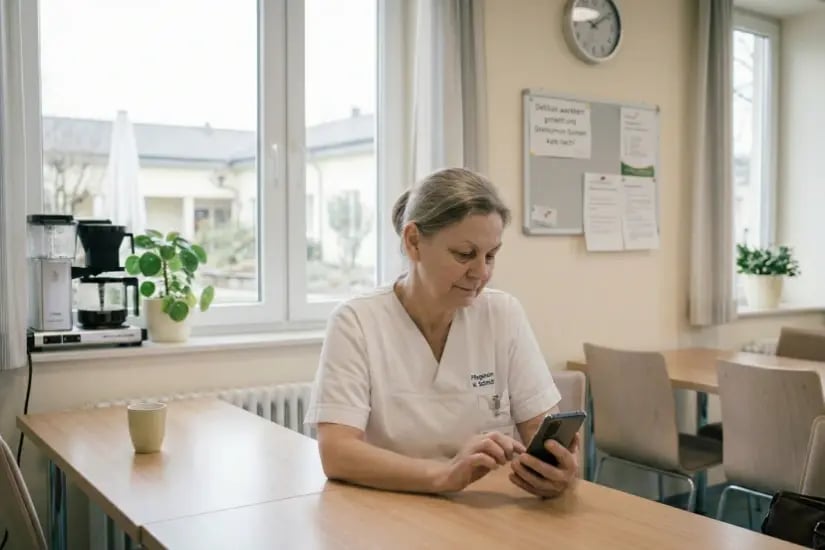 Pflegekraft sitzt im Aufenthaltsraum und nutzt Smartphone während Pause