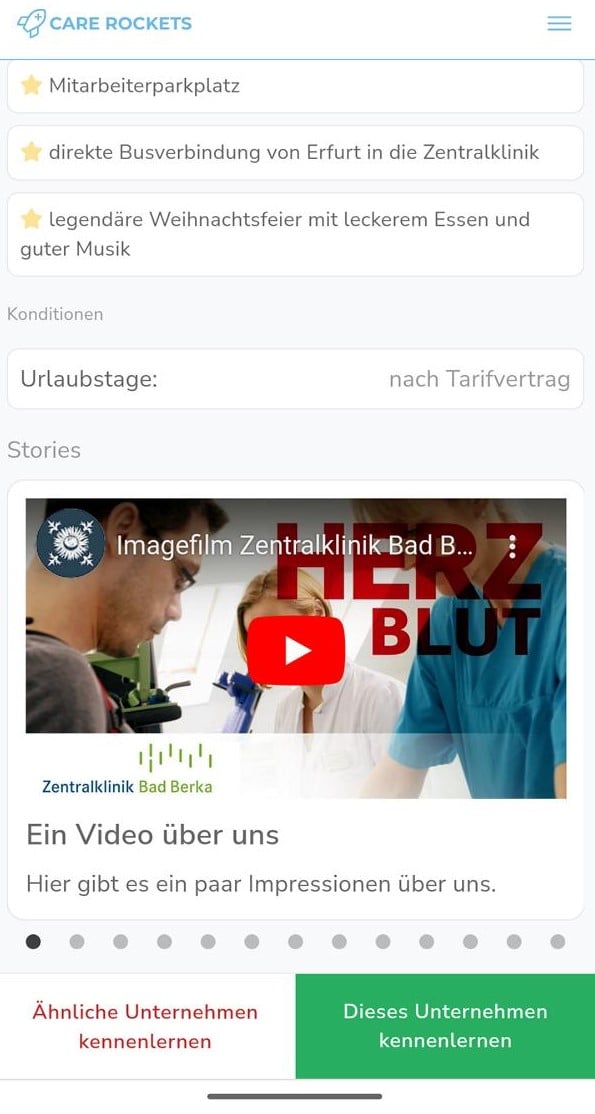 Stellenanzeige der Zentralklinik Bad Berka auf Care Rockets