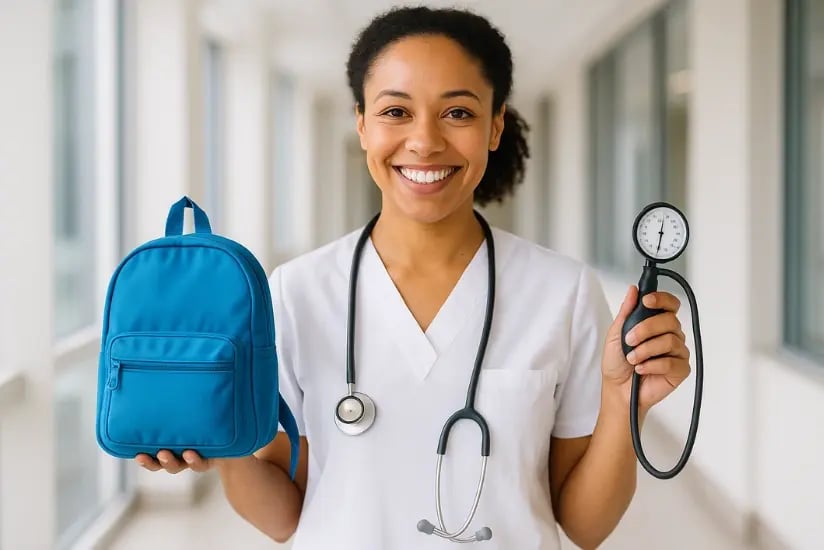Lächelnde Krankenschwester in weißer Uniform hält einen blauen Rucksack und ein Blutdruckmessgerät im Krankenhausflur