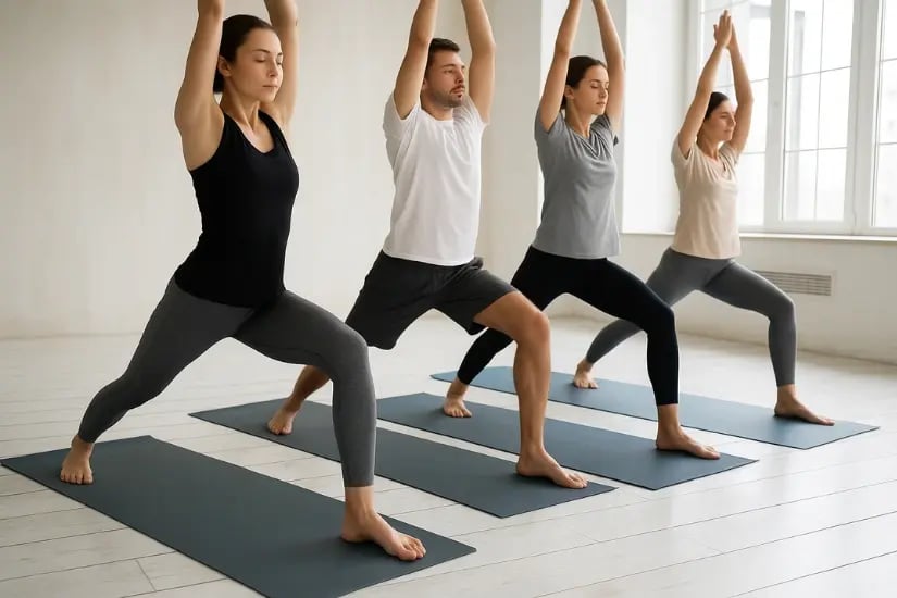 Pflegekräfte bei einer gemeinsamen Yoga-Session im Studio