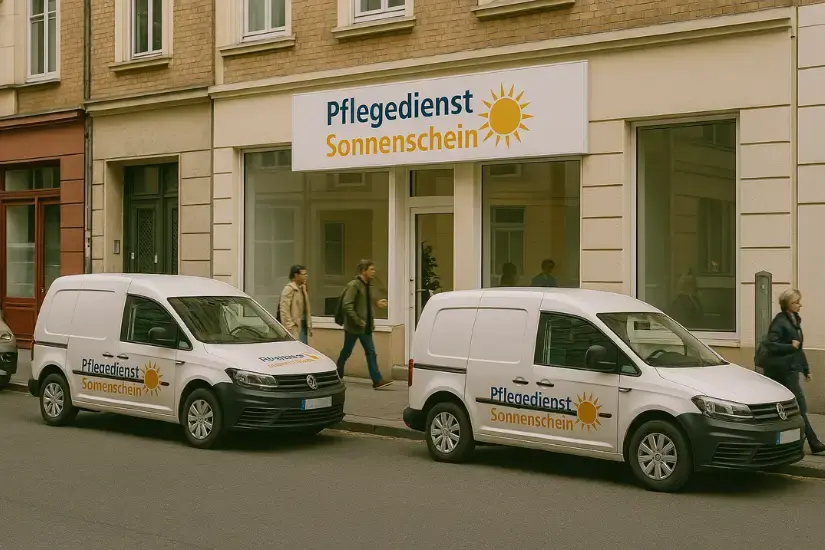 Zwei Fahrzeuge vor dem Büro eines ambulanten Pflegedienstes mit dem Schriftzug "Pflegedienst Sonnenschein" Zwei Fahrzeuge vor dem Büro eines ambulanten Pflegedienstes mit dem Schriftzug "Pflegedienst Sonnenschein"